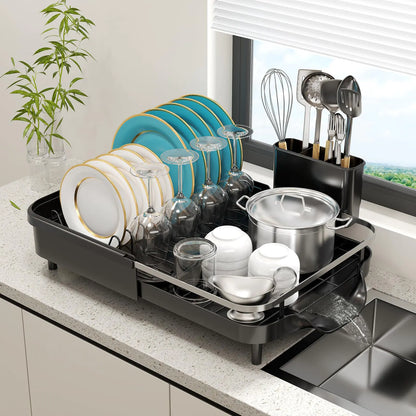 KLKE Expandable Dish Drying Rack – Over Sink Dish Drainer with Drainboard & Utensil Holder