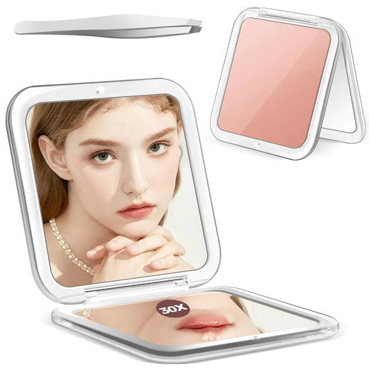 MIYADIVA Compact Mirror 30X Magnifying Mirror Pocket Mirror for Purse Travel Makeup Mirror with 30X/1X Magnification Travel Essentials Mirror Precision Tweezers Present for Girls